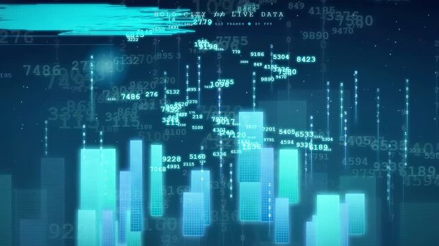 Abstract digital data visualization with blue glowing financial charts and flowing binary code numbers