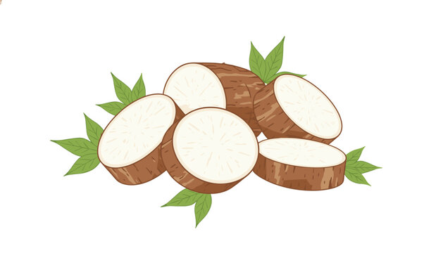 Freshly sliced pieces of nutritious brown cassava root vegetable arranged with green leaves on a clean isolated white background surface.