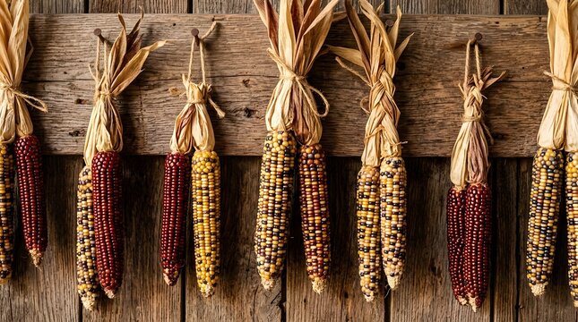 Dried Flint Corn Bunches Hanging on Rustic Wooden Wall