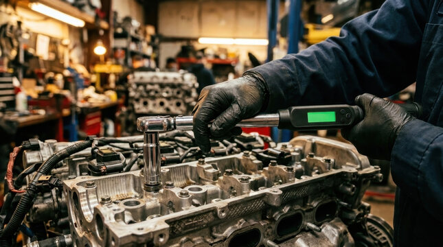 Mechanic using digital torque wrench on car engine in workshop