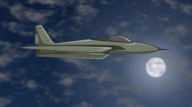 Military Fighter Jet Flying Through Night Sky with Full Moon