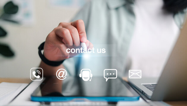 Contact us icons: phone, email, chat, and support. Customer service, communication technology, and online business concept.