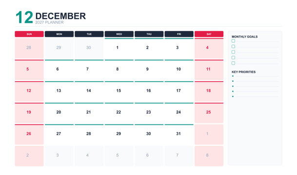 December 2027 planner with monthly goals and key priorities section