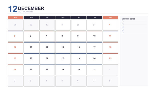 December 2027 monthly planner calendar template with minimalist design and monthly goals section