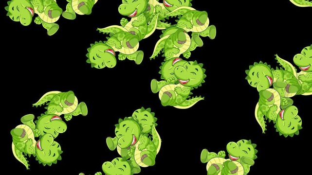 Cartoon Green Dinosaurs Falling Down Against a Black Background