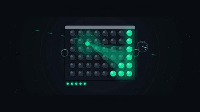 Abstract animated neutrino registering as a flash in a detector drawn as cyan and teal lines and shapes on a deep dark background. Seamless looping 4K motion graphics video with free space for text, i