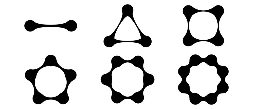 Set of six black metaball icons on a white background, showing organic blobs merging from two nodes to seven nodes in symmetrical radial patterns with rounded connecting bridges.