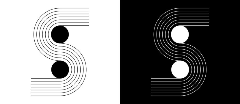 Letter S made of concentric parallel lines with two solid circles at the curve bends, shown in two color variants, black lines on white and white lines on black background.