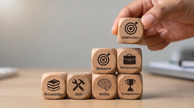 Hand stacking wooden blocks with icons representing business skills and competencies, symbolizing career growth and development.