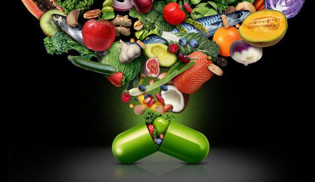 Dietary Food Supplement as a capsule with fruit vegetables nuts and beans inside a nutrient pill as a natural medicine health treatment on a clack background.