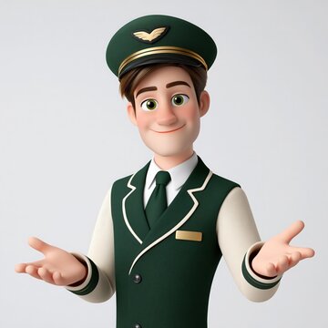 Friendly cartoon concierge character stands with open hands in a welcoming gesture, wearing a smart dark green uniform jacket with cream trim, tie, and matching cap, embodying excellent hospitality.