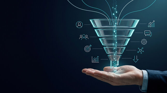 Customer relationship management software concept showing hand supporting glowing blue digital sales funnel with analytics icons