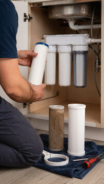 A person is working under a kitchen sink, changing water filters. The old filters are on the floor while new ones are being installed. Tools are also nearby