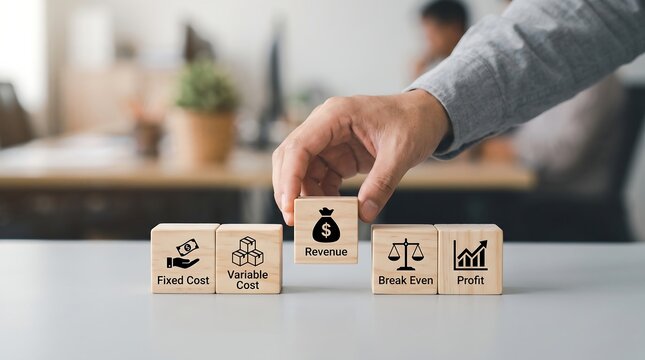 A hand arranges wooden blocks representing business concepts like fixed cost, variable cost, revenue, break-even, and profit.