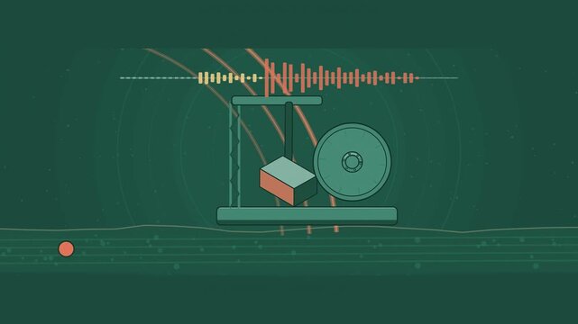 Abstract animated P and S waves arriving at a seismometer drawn as cyan and teal lines and shapes on a deep dark background. Seamless looping 4K motion graphics video with free space for text, ideal f
