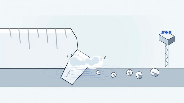 Abstract animated ice calving from a glacier front drawn as cool blue-white lines and shapes on a bright, clean light background. Seamless looping 4K motion graphics video with free space for text, id