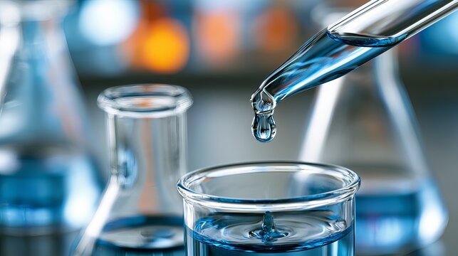 Clear blue liquid gently pouring from a pipette into a beaker, showcasing laboratory glassware and representing scientific analysis and chemical research