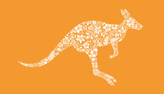 Silhouette of a kangaroo jumping filled with white intricate floral patterns and leaves against a solid bright orange background.