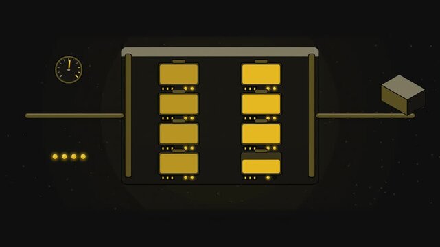 Abstract animated battery stack cycling through charge and discharge drawn as yellow and gold lines and shapes on a deep dark background. Seamless looping 4K motion graphics video with free space for 