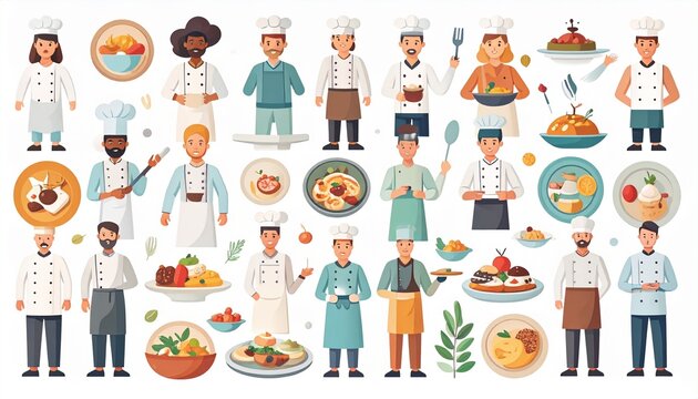 Set of cartoon professional chefs and culinary dishes collection
