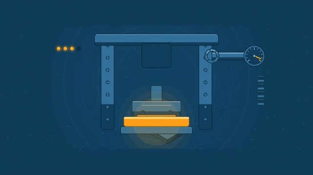 Abstract animated hydraulic press forging a billet drawn as blue and cyan lines and shapes on a deep dark background. Seamless looping 4K motion graphics video with free space for text, ideal for indu