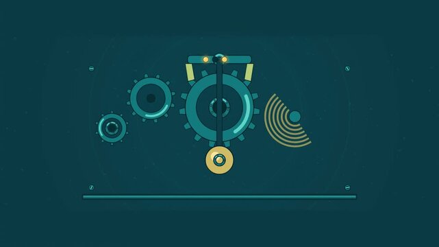 Abstract animated escapement ticking out its beat drawn as cyan and teal lines and shapes on a deep dark background. Seamless looping 4K motion graphics video with free space for text, ideal for techn