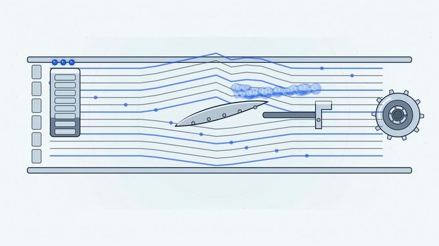 Abstract animated airflow streaming over a wind tunnel model drawn as blue and cyan lines and shapes on a bright, clean light background. Seamless looping 4K motion graphics video with free space for 