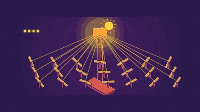 Abstract animated heliostats tracking the sun onto a tower drawn as violet and blue lines and shapes on a deep dark background. Seamless looping 4K motion graphics video with free space for text, idea