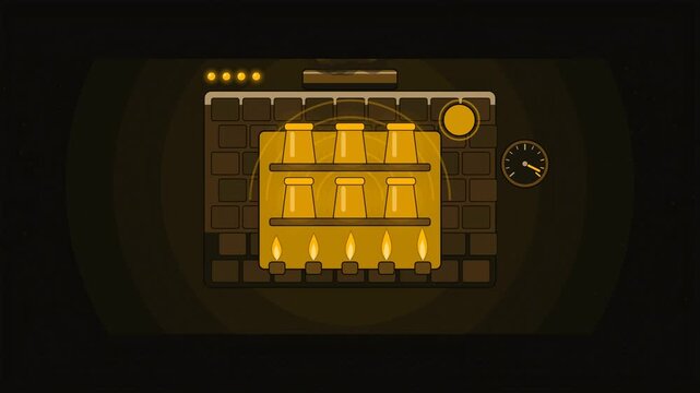 Abstract animated glaze melting as a kiln fires drawn as amber and orange lines and shapes on a deep dark background. Seamless looping 4K motion graphics video with free space for text, ideal for indu