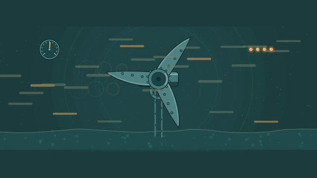 Abstract animated tidal turbine turning in the current drawn as cyan and teal lines and shapes on a deep dark background. Seamless looping 4K motion graphics video with free space for text, ideal for 