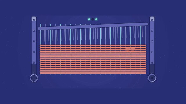 Abstract animated shuttle weaving across a loom drawn as blue and cyan lines and shapes on a deep dark background. Seamless looping 4K motion graphics video with free space for text, ideal for industr