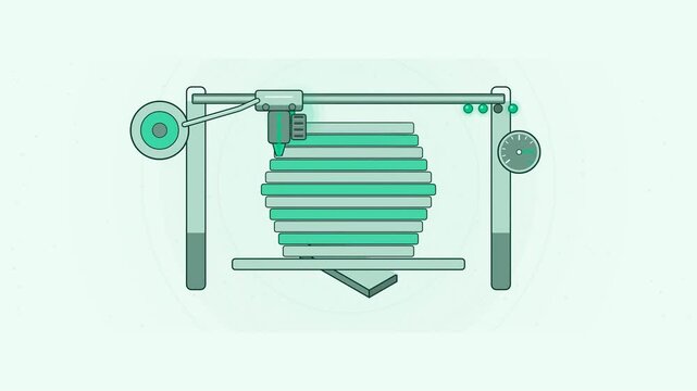 Abstract animated printer depositing material layer by layer drawn as green and teal lines and shapes on a bright, clean light background. Seamless looping 4K motion graphics video with free space for