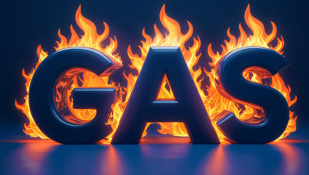 Gas word sign with bright orange fire flames illustration