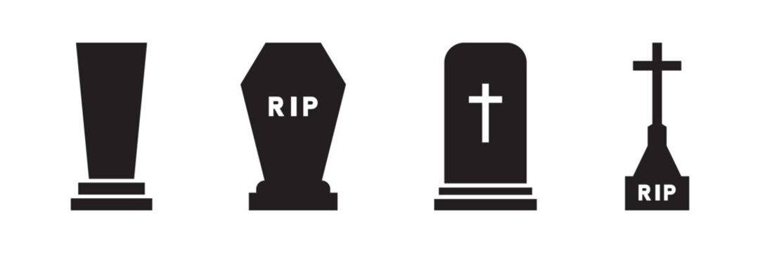 Clean, modern tombstone icon with classic RIP and christian cross engraving details. Minimal vector icons for mobile UI, web design, and digital media. Eps10.