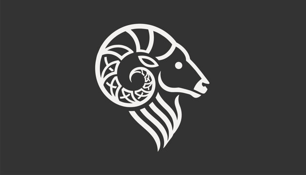 Stylized ram head logo features a strong white silhouette with circular horns on a dark grey minimalist background.