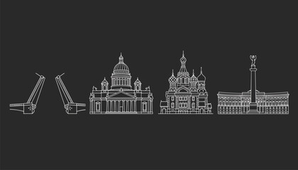 Obraz premium Elegant white line sketches on a black background depict famous Saint Petersburg landmarks like Saint Isaacs Cathedral.
