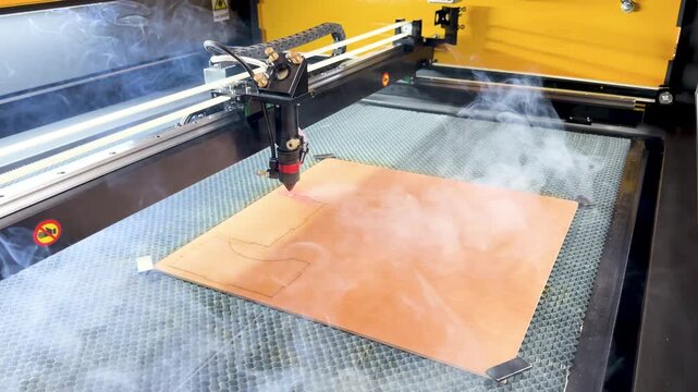 Laser cutting machine. The laser cuts the details. Automation and precision system. Modern industrial technology. Industrial laser engraving machine. Cnc laser head.