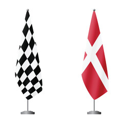 Obraz premium Checkered and Denmark flags on flagpoles for official ceremonies and meetings, transparent background vector