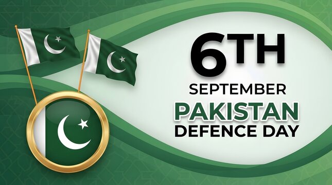  Pakistan Defence Day 6 September Banner with Pakistani Flags and Crescent Emblem