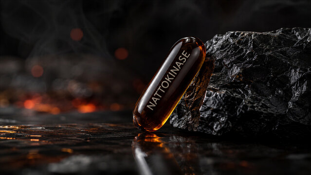 A nattokinase capsule rests on a rocky surface with light smoke around it. The colors are dark and earthy, showing the details of the capsule clearly. The scene feels focused on the product itself