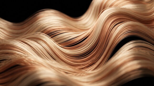 Close-up of Luxurious Wavy Blonde Hair Strands with Smooth Texture and Highlights Against a Solid Black Background