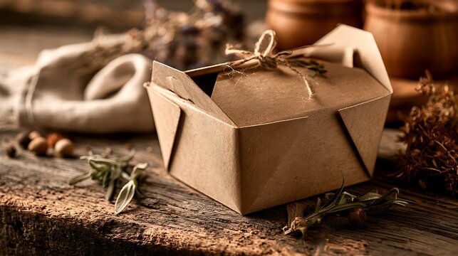 Brown paper gift box with twine on wooden table with herbs
