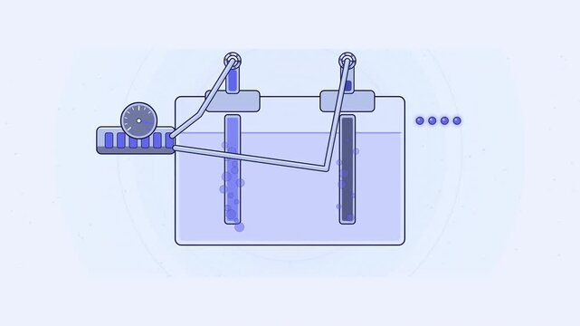 Abstract animated bubbles rising as an electrolyser splits water drawn as blue and cyan lines and shapes on a bright, clean light background. Seamless looping 4K motion graphics video with free space 