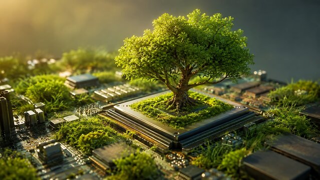 Tree growing from motherboard symbolizing green technology and nature