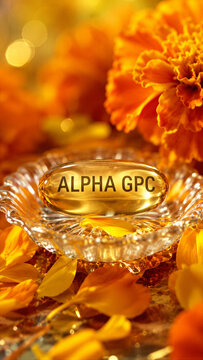 A clear capsule labeled alpha gpc sits on a glass dish surrounded by vibrant yellow flowers. The light highlights the transparent capsule and the colorful petals