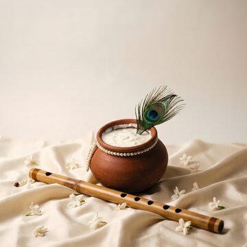 Aesthetic Janmashtami background featuring a clay pot filled with fresh butter, a peacock feather, and a traditional bamboo flute on elegant draped fabric.