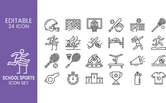 School Sports Icon Set Vector Line Art Icons of High School Athletics Physical Education Games and Championship Equipment