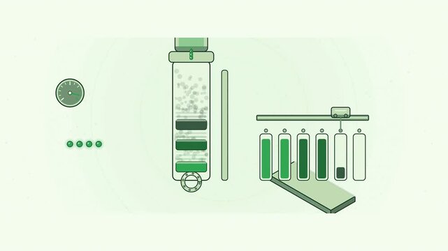 Abstract animated compounds separating along a chromatography run drawn as green and teal lines and shapes on a bright, clean light background. Seamless looping 4K motion graphics video with free spac