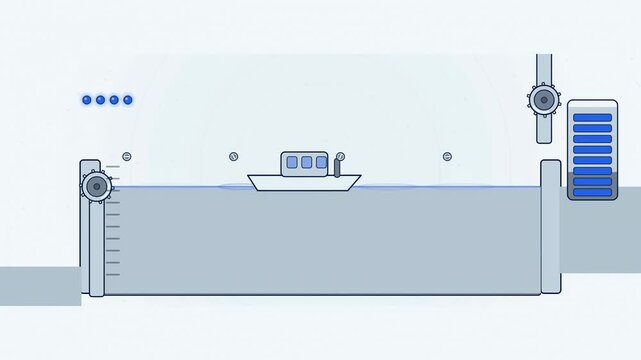Abstract animated lock chamber lifting a boat drawn as blue and cyan lines and shapes on a bright, clean light background. Seamless looping 4K motion graphics video with free space for text, ideal for
