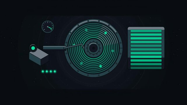 Abstract animated light circulating in a fibre optic gyroscope drawn as cyan and teal lines and shapes on a deep dark background. Seamless looping 4K motion graphics video with free space for text, id